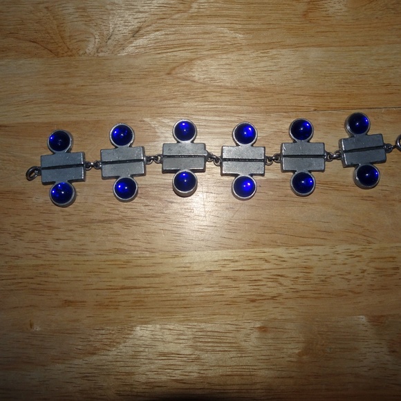 Sweden Pewter Blue Glass Mid Century by Bengt Blomqvist Bracelet - Picture 2 of 6